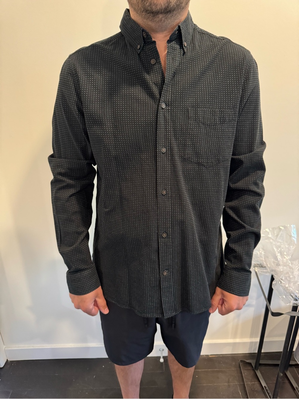 H&M Men's Black Button-Down Shirt with Microdot Pattern